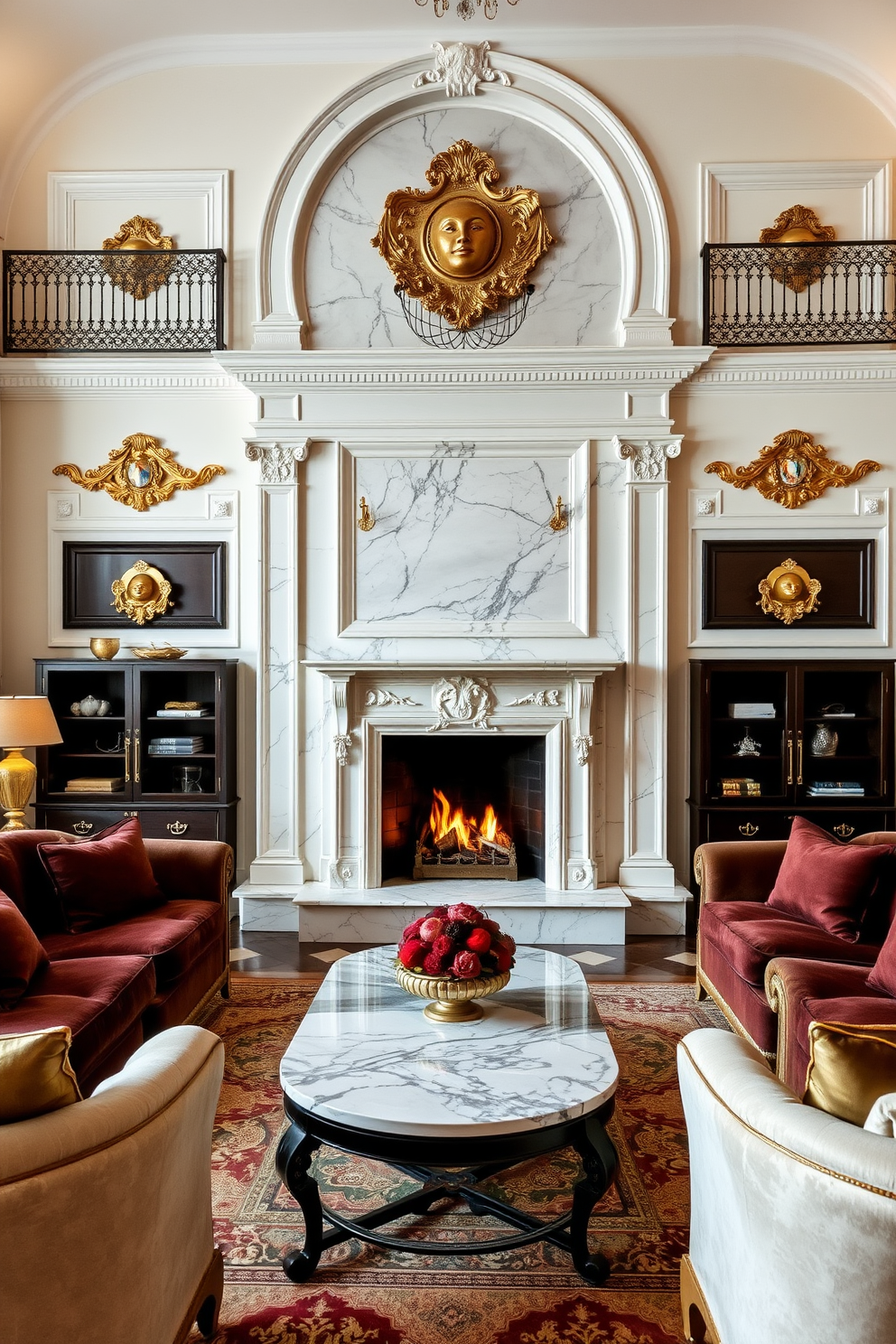 An elegant marble coffee table serves as the centerpiece of a luxurious Italian living room. The table is adorned with a stylish arrangement of fresh flowers and a collection of art books, surrounded by plush sofas in rich, warm tones.