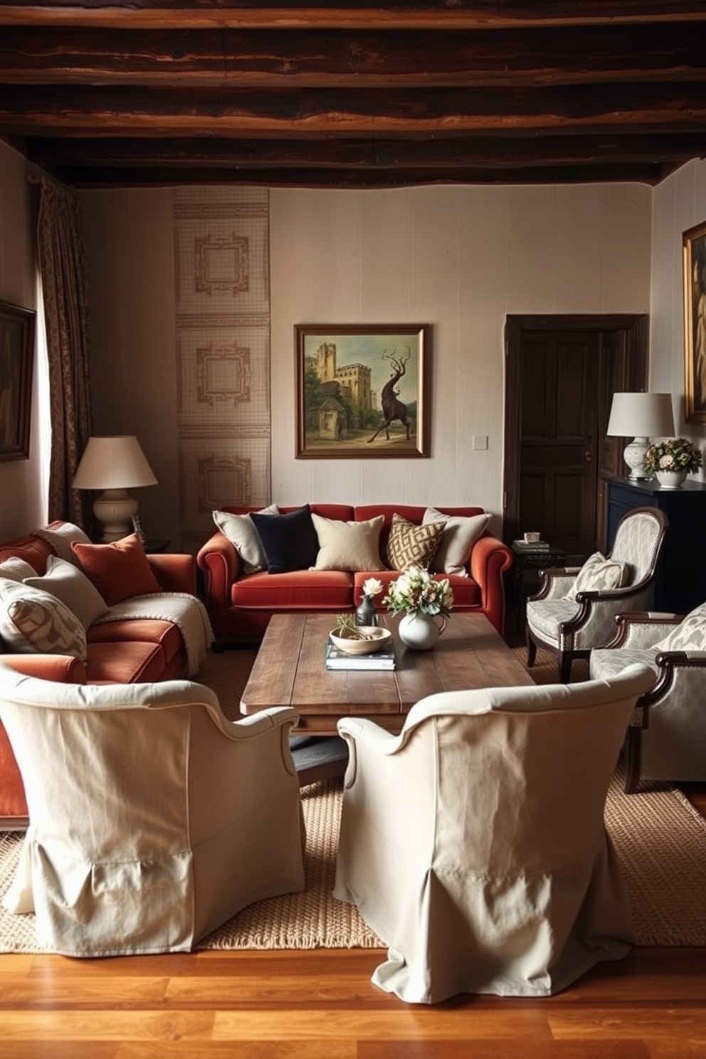 A cozy Italian living room adorned with textured fabrics that create layered visual interest. The space features a plush sofa upholstered in rich velvet, accented by a variety of throw pillows in complementary patterns and colors. A rustic wooden coffee table sits in the center, surrounded by elegant armchairs draped in soft linen. The walls are adorned with warm-toned artwork, and a woven area rug adds depth to the hardwood floor.