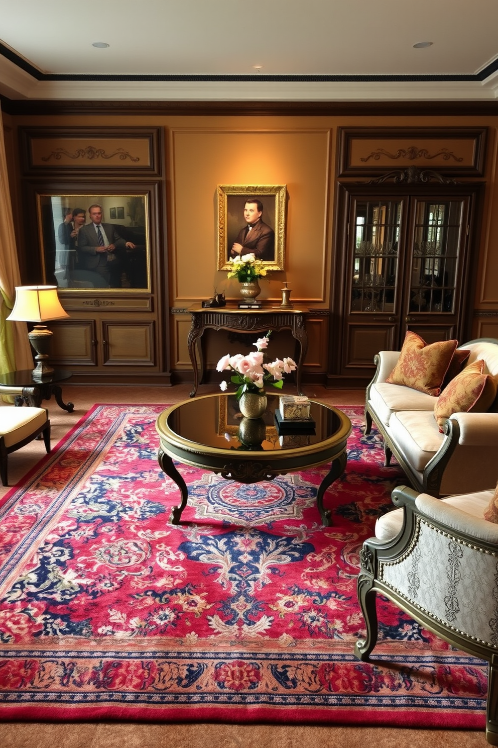 A stylish area rug anchors the seating arrangement in the Italian living room, featuring rich textures and vibrant colors that complement the furniture. The rug's intricate patterns enhance the overall elegance of the space, creating a warm and inviting atmosphere. Incorporate classic Italian design elements such as plush sofas and ornate coffee tables to elevate the room's aesthetic. Use warm lighting to highlight the rug and create a cozy ambiance that encourages relaxation and conversation.