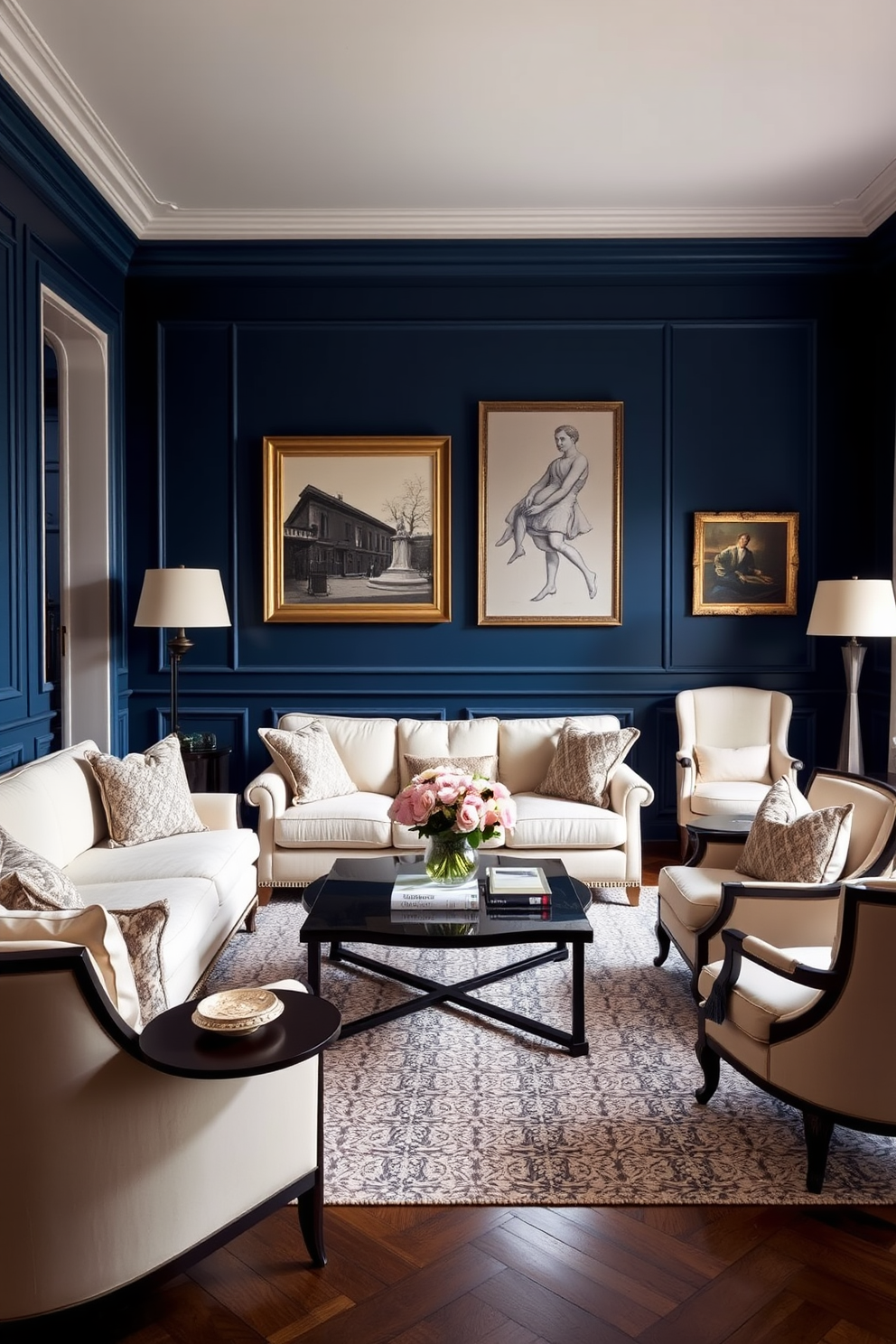 A statement wall adorned with a rich deep blue paint color serves as the focal point of the Italian living room. Complementing this vibrant backdrop, plush cream sofas and elegant armchairs are arranged around a stylish coffee table, creating a warm and inviting atmosphere.