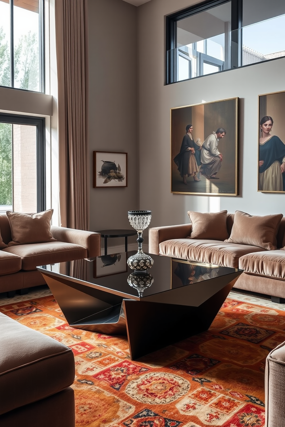 A stylish Italian living room featuring wall-mounted shelves elegantly displaying a curated selection of decor items. The shelves are made of dark wood, contrasting beautifully with the soft beige walls and complemented by a plush cream sofa and a rustic coffee table.