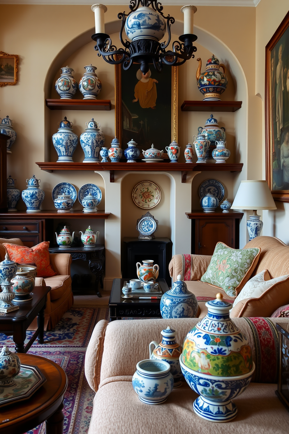 A traditional Italian living room features intricate ceramics that add a touch of elegance and charm. The ceramics are displayed on shelves and tables, showcasing vibrant colors and detailed patterns that reflect Italian craftsmanship. The room is adorned with plush sofas and rich textiles, creating a warm and inviting atmosphere. Soft lighting enhances the beauty of the ceramics, making them the focal point of the space.