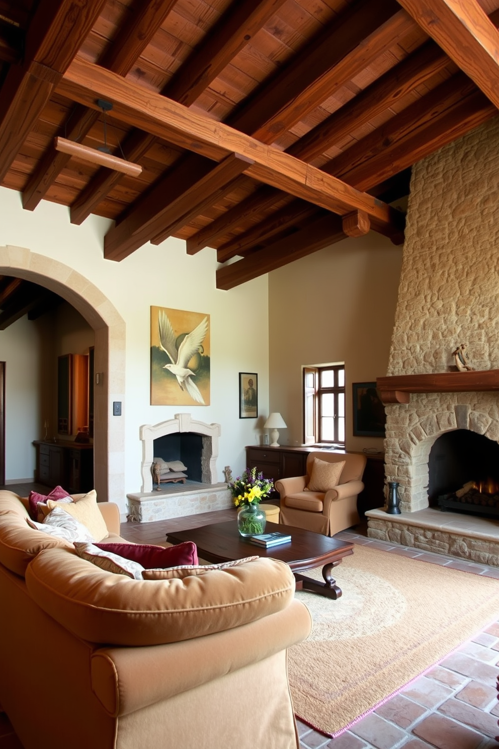 A rustic Italian living room features exposed wooden beams that create a cozy and inviting atmosphere. The room is adorned with plush sofas in warm earth tones, complemented by a large stone fireplace that serves as the focal point.