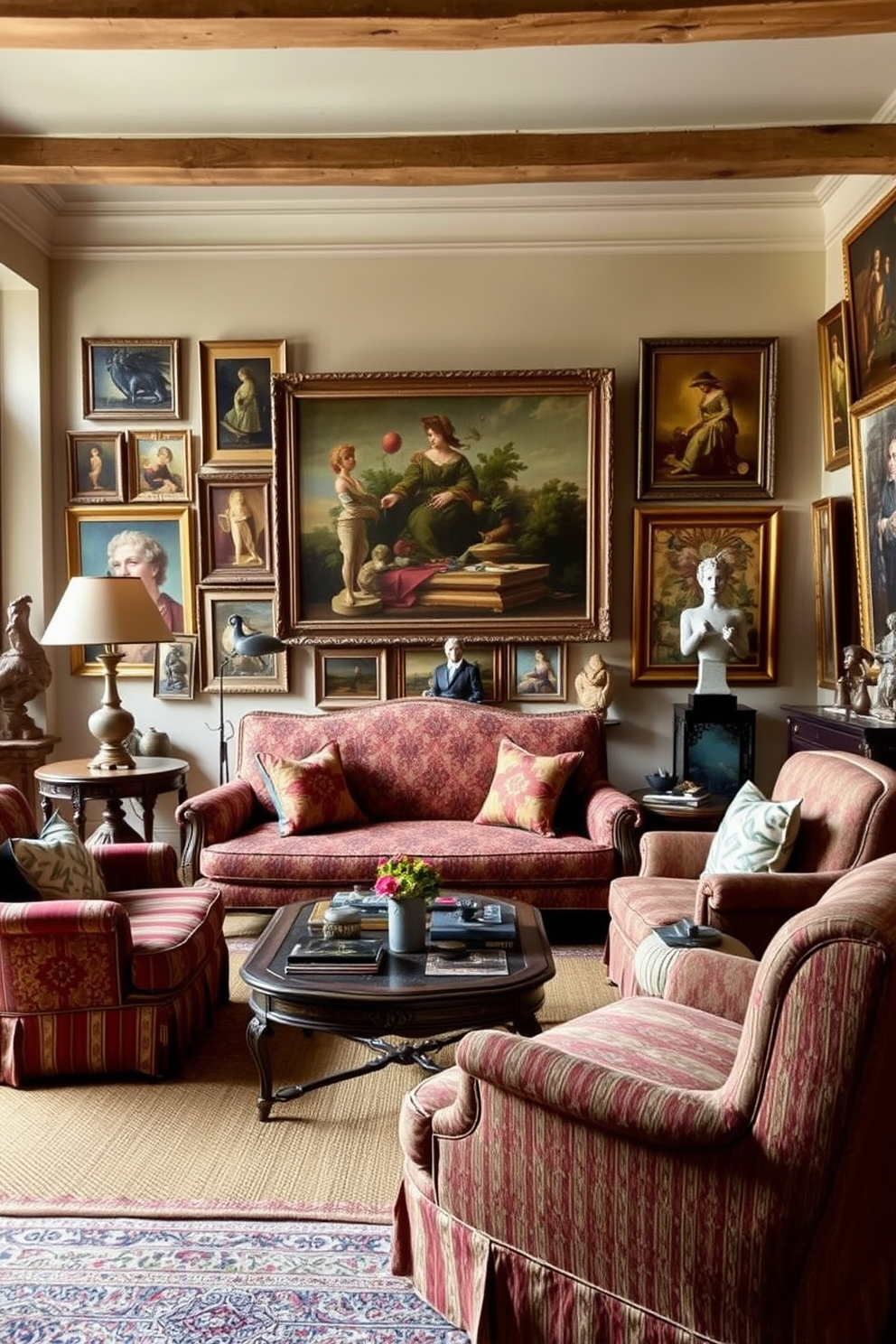 A cozy Italian living room featuring warm wood tones in the furniture. The space includes a large wooden coffee table surrounded by plush sofas in earthy tones, creating an inviting atmosphere.