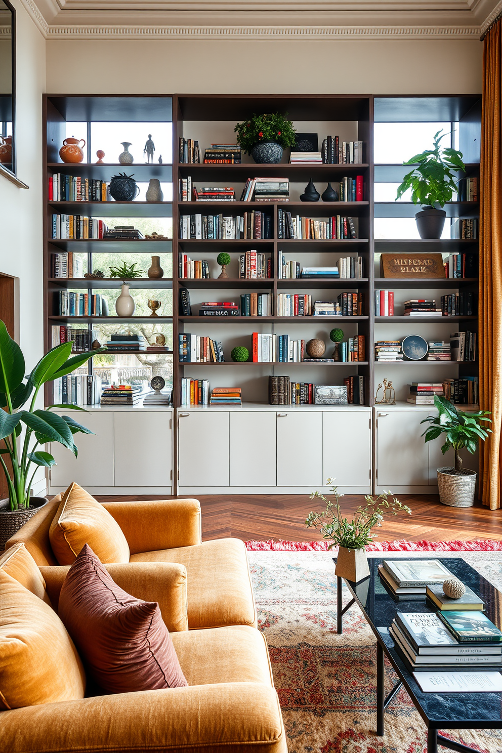 A stylish Italian living room features elegantly designed bookshelves that blend seamlessly with the decor. The shelves are filled with an array of books, decorative items, and plants, creating a functional yet aesthetic focal point in the room. The space is adorned with rich textures and warm colors, showcasing plush seating and a coffee table that complements the bookshelves. Large windows allow natural light to illuminate the room, enhancing the inviting atmosphere.