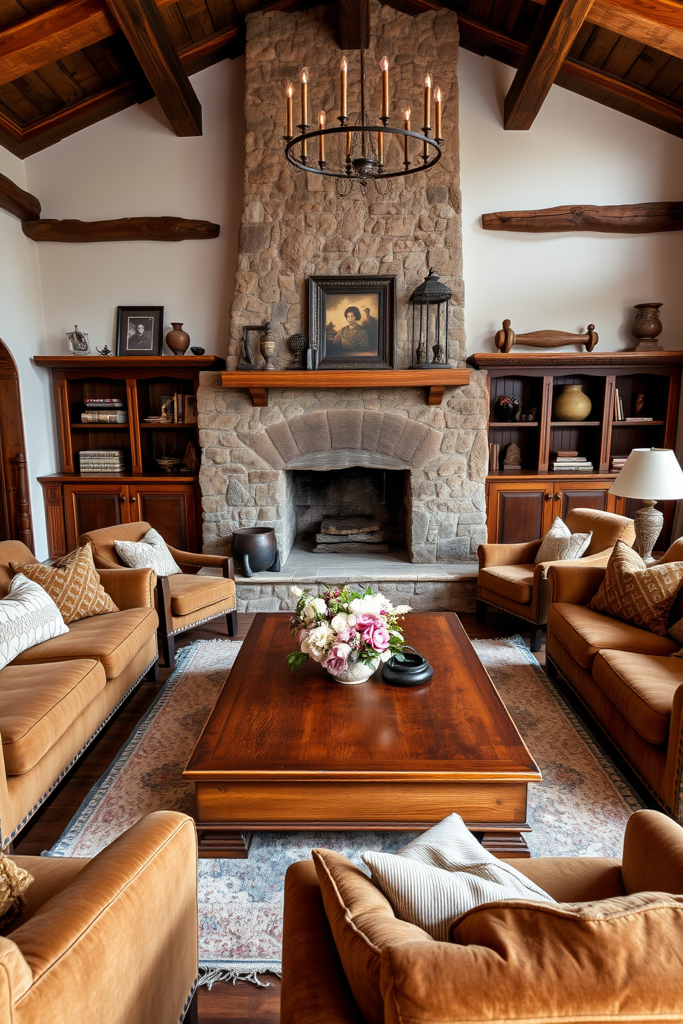 A stylish Italian living room features a plush velvet sofa in deep blue, complemented by a pair of elegant armchairs in a light gray fabric. A large coffee table sits in the center, adorned with carefully curated coffee table books showcasing contemporary art and fashion. The walls are painted in a warm beige tone, enhancing the natural light that floods the space through tall windows. A beautiful area rug with intricate patterns anchors the seating arrangement, while a stunning chandelier adds a touch of glamour overhead.