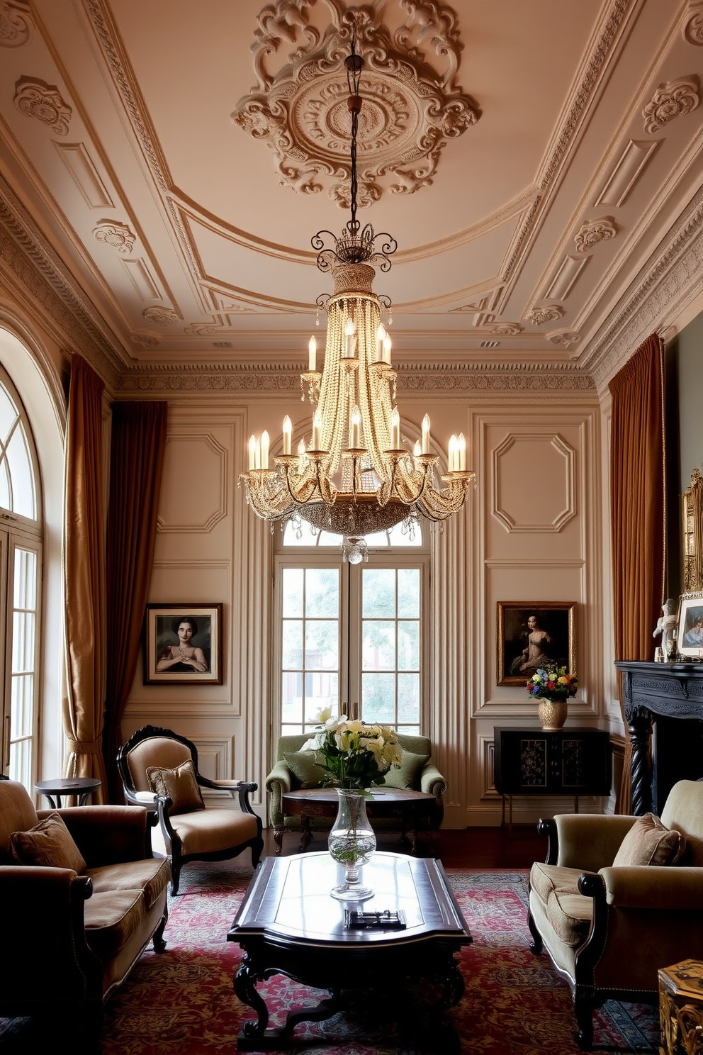 A classic Italian living room design features a grand chandelier that hangs elegantly from the ceiling, casting a warm glow throughout the space. The room is adorned with rich fabrics, including velvet upholstery and silk drapes, creating an inviting atmosphere. The walls are painted in soft, neutral tones, complemented by intricate moldings and decorative plasterwork. Antique furniture pieces, such as a carved wooden coffee table and plush armchairs, enhance the timeless elegance of the room.