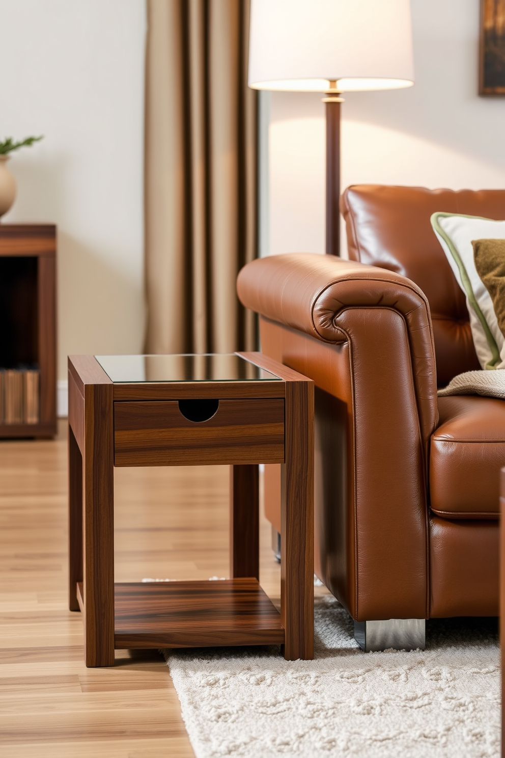 A functional side table crafted from rich walnut wood stands beside a plush Italian leather sofa. The table features a sleek design with a glass top and a small drawer for storage, enhancing the room's elegance. Incorporating warm earth tones, the living room is adorned with decorative pillows and a soft area rug that complements the furniture. A stylish floor lamp casts a warm glow, creating a cozy atmosphere for relaxation and conversation.