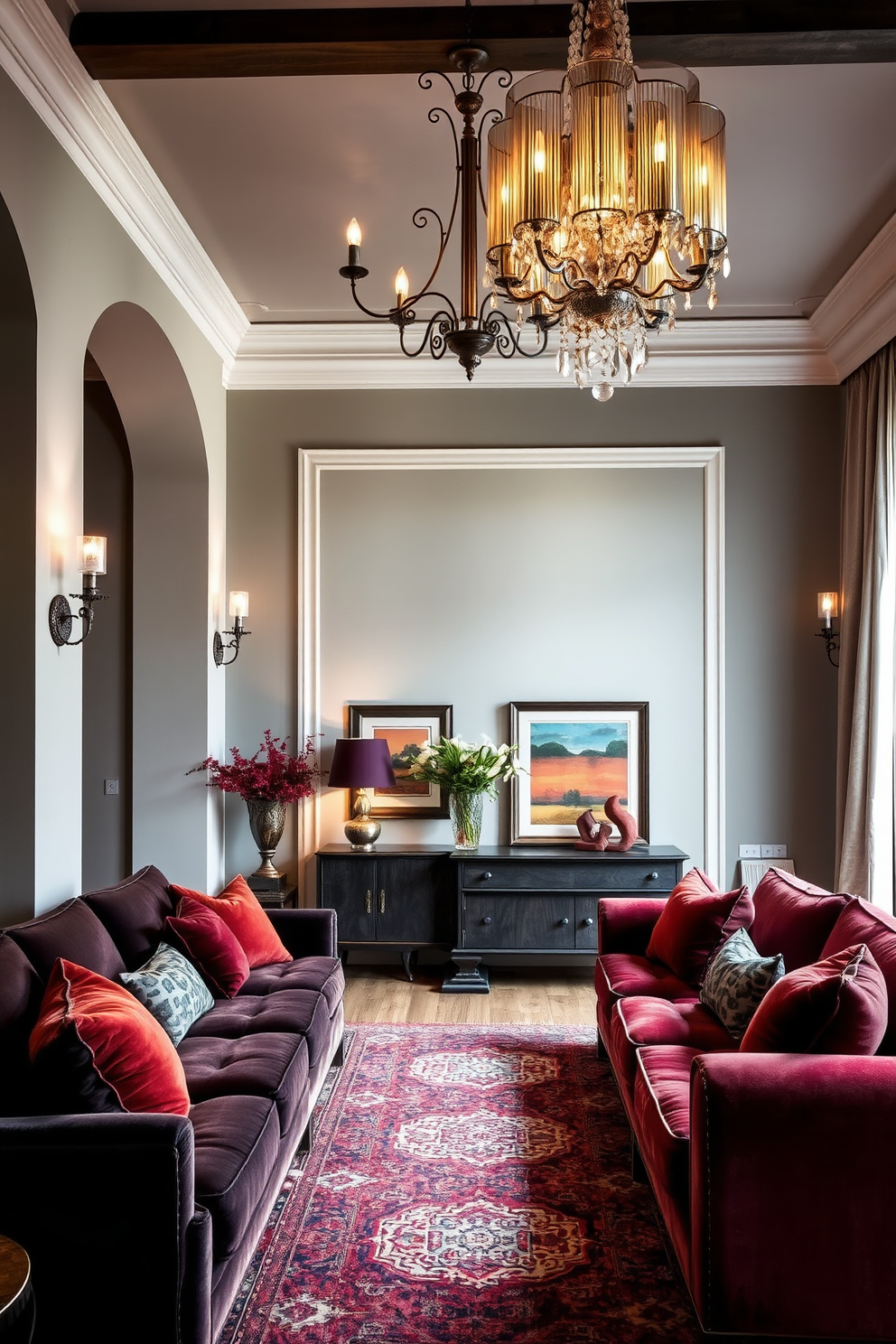 A cozy Italian living room featuring vintage accents that create a timeless atmosphere. The space is adorned with a plush velvet sofa in deep burgundy, complemented by an antique wooden coffee table with intricate carvings. On the walls, classic artwork in ornate frames adds character, while a vintage chandelier hangs gracefully from the ceiling. A soft area rug in muted tones anchors the seating area, and potted plants provide a touch of greenery throughout the room.