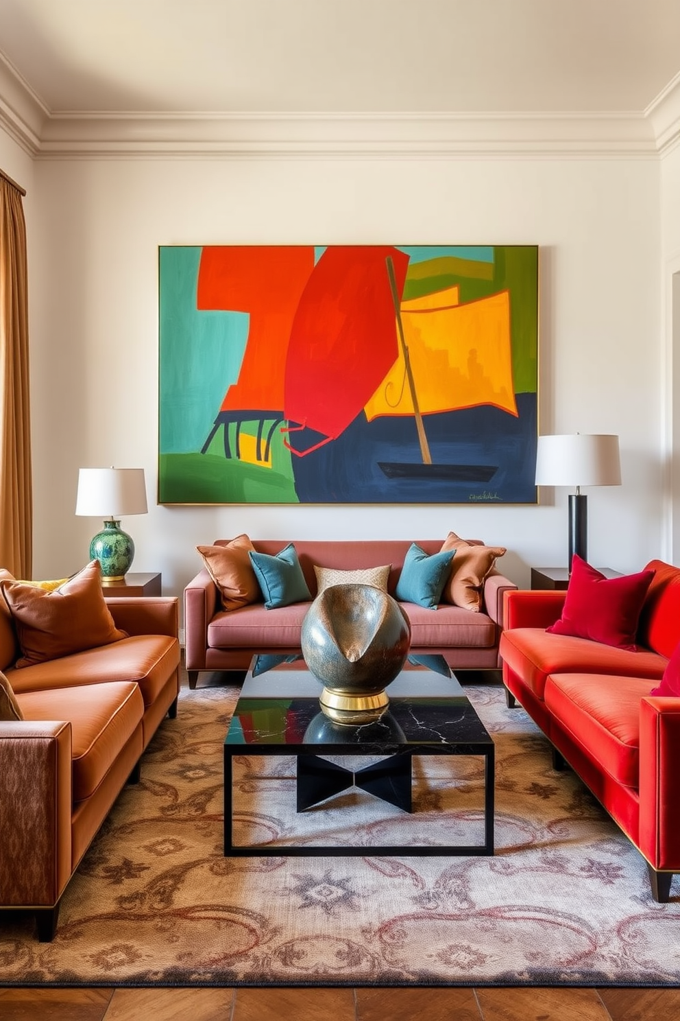 A vibrant Italian living room featuring bold artwork as a conversation starter. The space is filled with plush sofas in rich fabrics, complemented by a striking coffee table that showcases a unique sculpture. The walls are adorned with large, colorful paintings that draw the eye and spark discussion. A stylish area rug anchors the seating arrangement, while warm lighting enhances the inviting atmosphere.