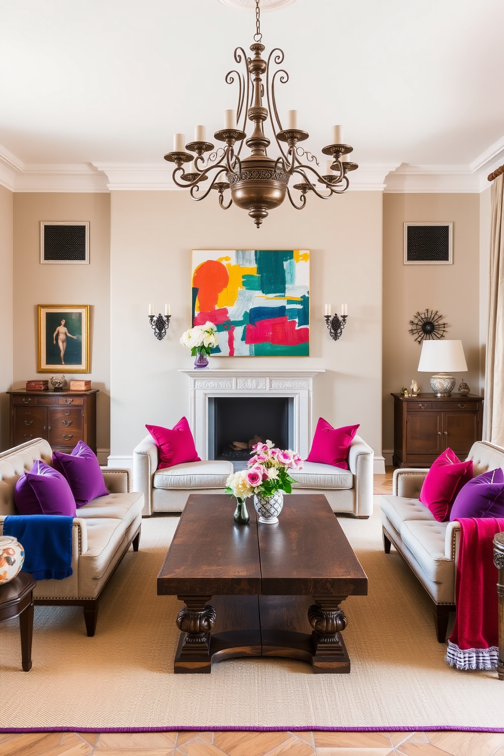 A cozy Italian living room featuring rustic wooden beams across the ceiling creates a warm and inviting atmosphere. The space is adorned with plush sofas in earthy tones, complemented by a large, handcrafted coffee table made of reclaimed wood. A traditional fireplace serves as the focal point, surrounded by decorative tiles that reflect classic Italian craftsmanship. Large windows draped with soft linen curtains allow natural light to flood the room, enhancing the overall warmth and charm.