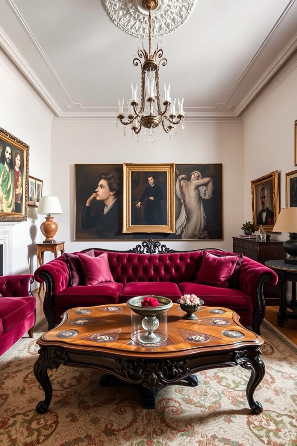 A vintage Italian living room features a plush velvet sofa in deep burgundy, complemented by an ornate wooden coffee table with intricate carvings. The walls are adorned with contemporary art pieces that add a modern touch, while a classic chandelier hangs elegantly from the ceiling.