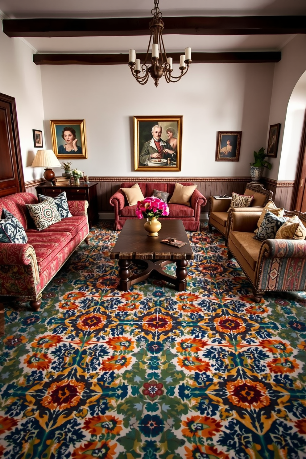 A cozy Italian living room featuring intricate tile patterns on the floor that showcase a blend of vibrant colors and geometric designs. The room is adorned with plush seating options, a rustic wooden coffee table, and elegant artwork that reflects the rich cultural heritage of Italy.