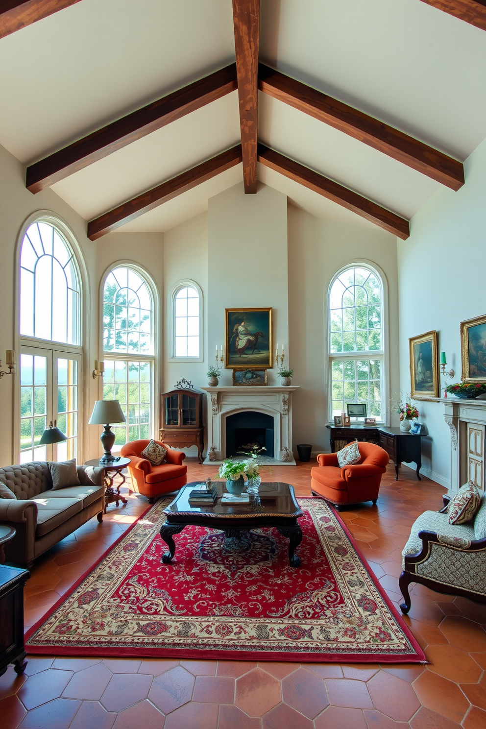 A spacious Italian living room filled with natural light from large arched windows that frame a stunning view of the outdoors. The room features elegant furnishings including a plush velvet sofa, ornate coffee table, and a classic area rug that adds warmth to the space. Rich wooden beams adorn the ceiling, enhancing the room's rustic charm while complementing the terracotta tiled floor. Decorative elements such as a grand fireplace and tasteful artwork complete the inviting atmosphere of this Italian-inspired retreat.