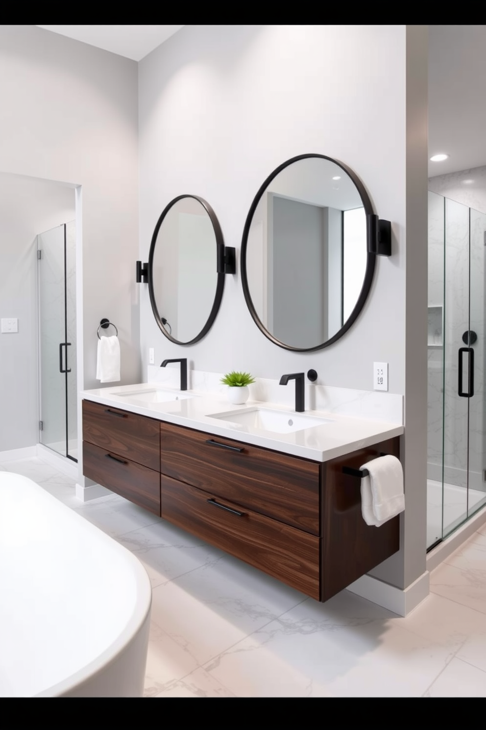 A modern double sink vanity setup features a sleek floating vanity with a dark wood finish and a white quartz countertop. Above the sinks, stylish round mirrors with black metal frames are mounted on the wall, complemented by contemporary sconces on either side. The Jack and Jill bathroom is designed with a neutral color palette, showcasing soft gray walls and elegant marble flooring. A spacious shower area with glass doors and a freestanding soaking tub create a luxurious atmosphere for relaxation.