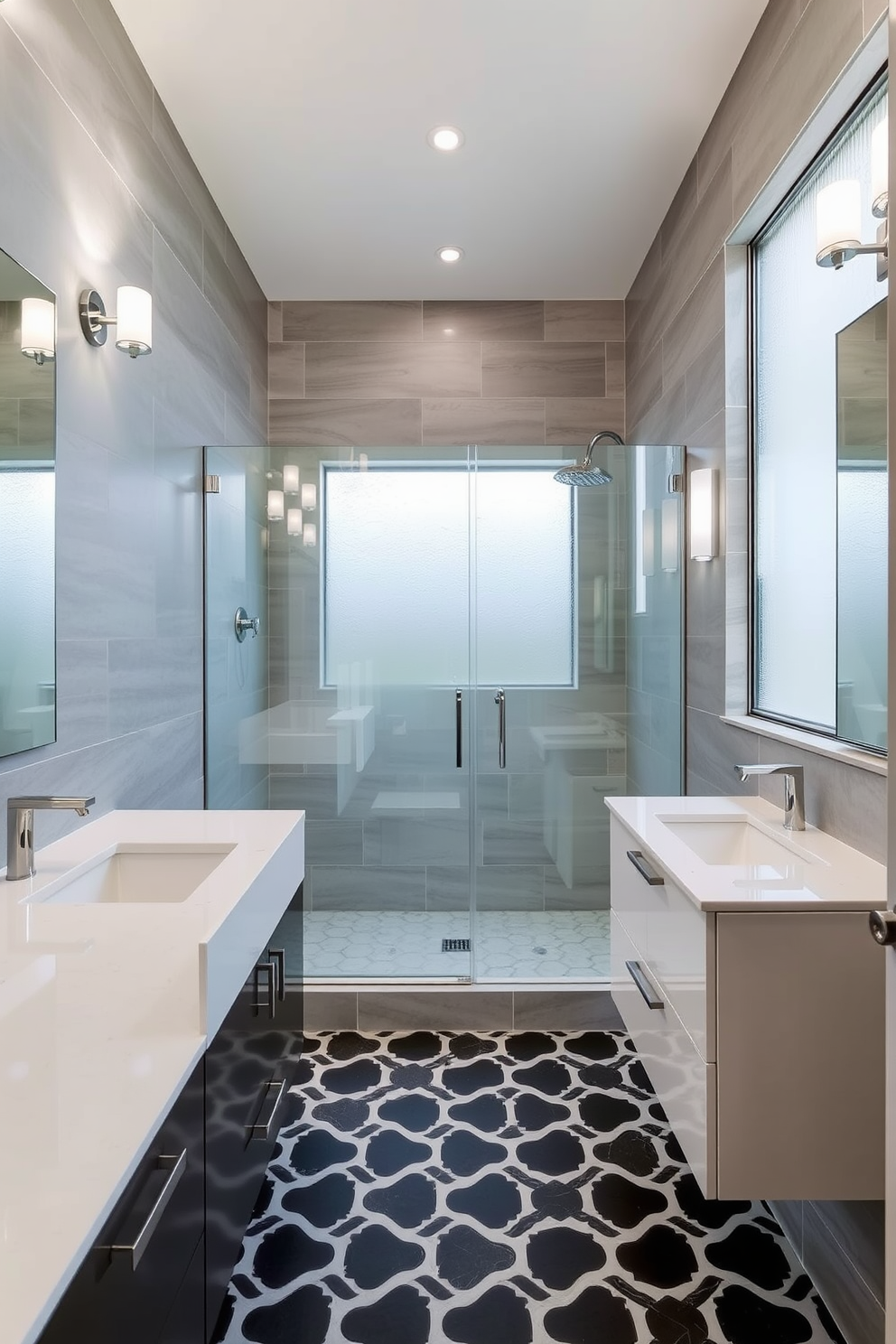 A floating vanity with sleek lines and a natural wood finish enhances the modern appeal of the Jack and Jill bathroom. The space features dual sinks, stylish fixtures, and ample storage below, creating a functional yet elegant atmosphere. The walls are adorned with soft gray tiles, complemented by a large frameless mirror that reflects natural light. Thoughtful accents like potted plants and decorative soap dispensers add a touch of personality to the design.