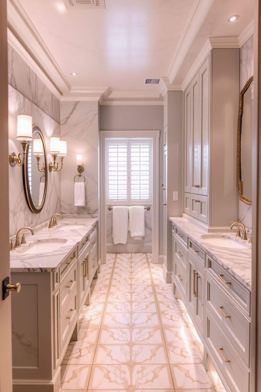 A luxurious Jack and Jill bathroom featuring elegant marble countertops that reflect light beautifully. The space is designed with dual vanities, each adorned with stylish fixtures and ample storage for convenience. Soft lighting creates a warm ambiance, highlighting the intricate tile work on the floor. A soothing color palette of soft grays and whites enhances the serene atmosphere of the bathroom.