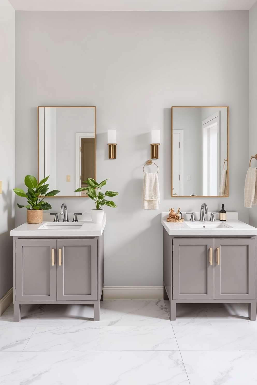 A stylish Jack and Jill bathroom features a shared layout with dual vanities set against a light gray wall. Each vanity is topped with a sleek white countertop and framed by modern mirrors, while lush green plants are placed on either side for a fresh vibe. The flooring consists of elegant marble tiles that enhance the space's sophistication. Soft, neutral towels are neatly hung on brushed nickel hooks, and decorative accents add a touch of warmth to the overall design.