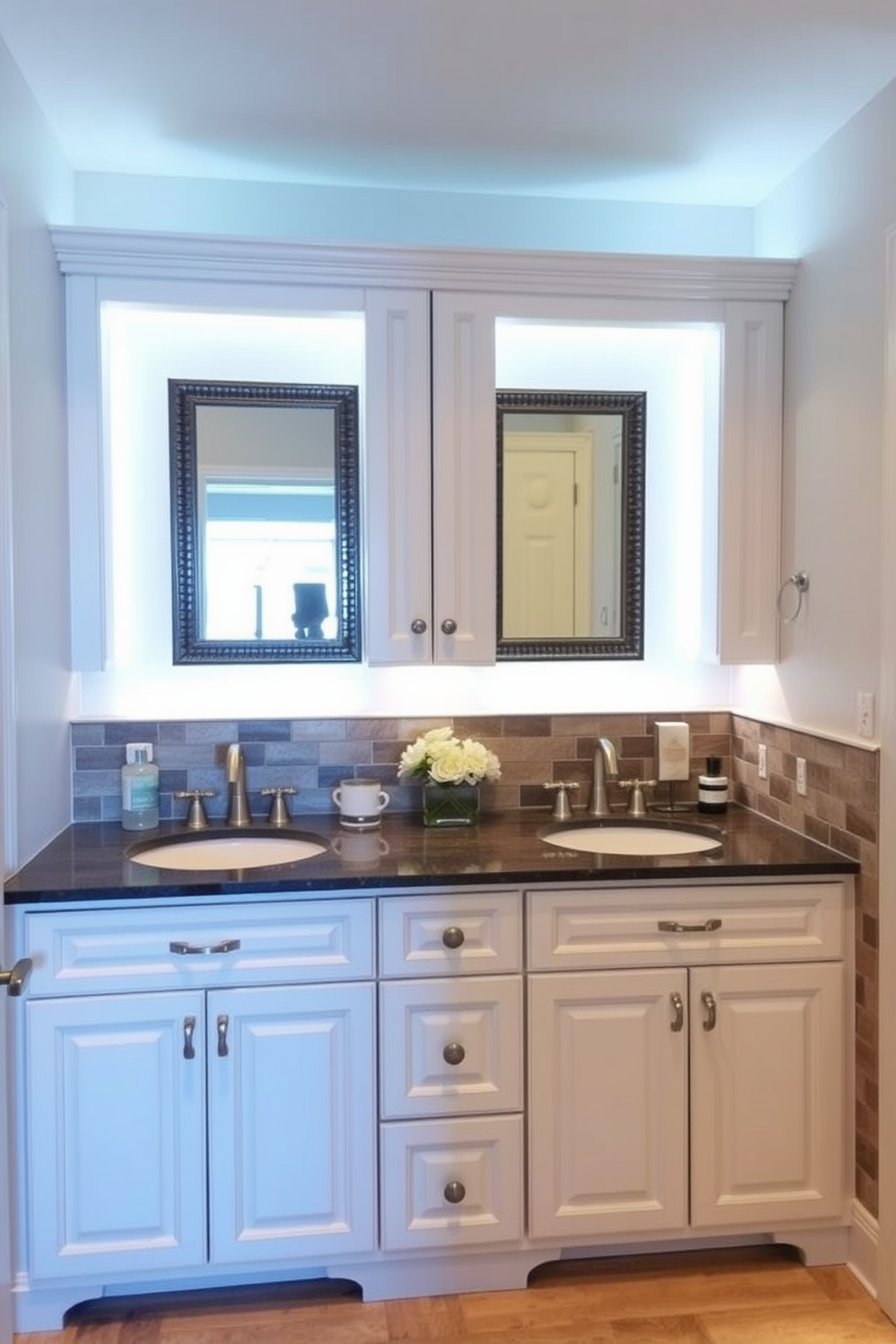 A stylish Jack and Jill bathroom featuring durable materials suitable for high-traffic areas. The design includes a double vanity with a quartz countertop, complemented by two undermount sinks and modern faucets. The walls are adorned with moisture-resistant paint in a soft gray hue, while the flooring consists of large porcelain tiles that mimic natural stone. Ample storage is provided with built-in cabinets and open shelving, creating a functional yet elegant space.