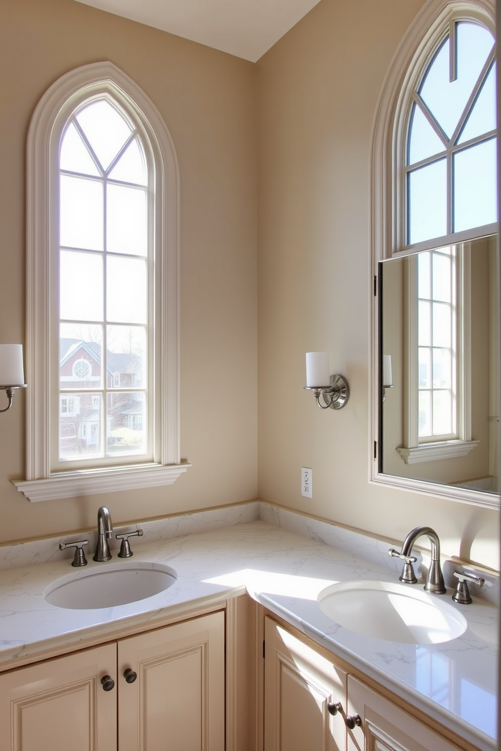 A contemporary Jack and Jill bathroom featuring easy-to-clean surfaces that prioritize low maintenance. The design includes a dual vanity with quartz countertops and undermount sinks, complemented by sleek cabinetry that minimizes dust accumulation. The walls are adorned with moisture-resistant paint in a soft gray hue, while the flooring consists of large-format porcelain tiles that are both stylish and practical. Ample lighting is provided by recessed fixtures and a large mirror, enhancing the space's functionality and aesthetic appeal.