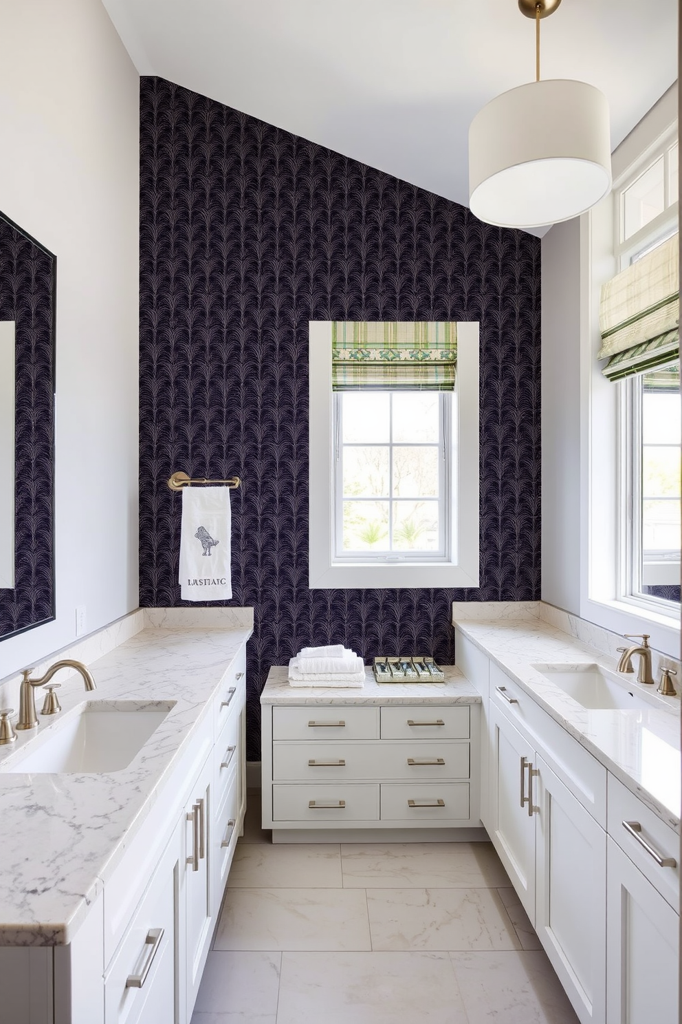 A striking Jack and Jill bathroom featuring bold wallpaper on the statement wall, creating a vibrant focal point. The design includes dual sinks with stylish fixtures, ample storage, and a seamless flow between the two sides of the bathroom. The wallpaper showcases a contemporary pattern that complements the overall color scheme, enhancing the space's visual appeal. Natural light floods the room through large windows, highlighting the elegant finishes and creating an inviting atmosphere.