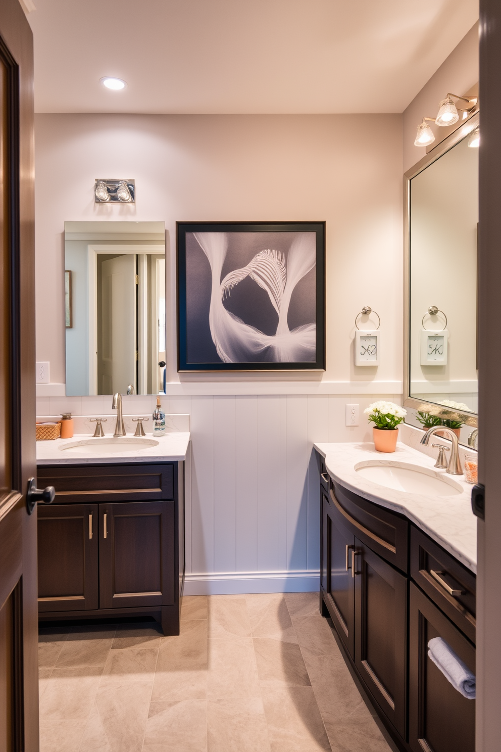 A Jack and Jill bathroom features two entrances allowing access from two separate bedrooms. The design includes transom windows above the doors to maximize natural light while maintaining privacy. The layout incorporates dual vanities with stylish mirrors and ample storage. Soft neutral colors and elegant fixtures create a serene and functional space for shared use.