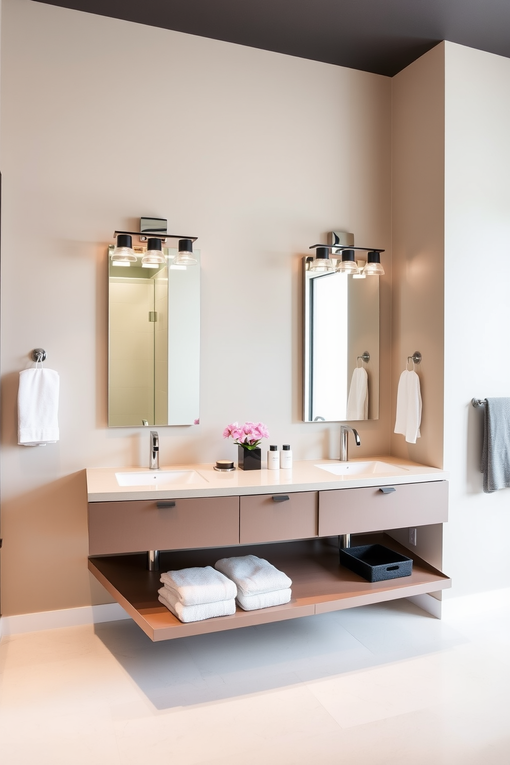 Floating vanities create a sleek and modern aesthetic in a Jack and Jill bathroom. The design features a double sink setup with ample storage underneath, allowing for a clutter-free space. Incorporate stylish lighting fixtures above each vanity to enhance the contemporary vibe. Use a neutral color palette with bold accents to create a harmonious and inviting atmosphere.