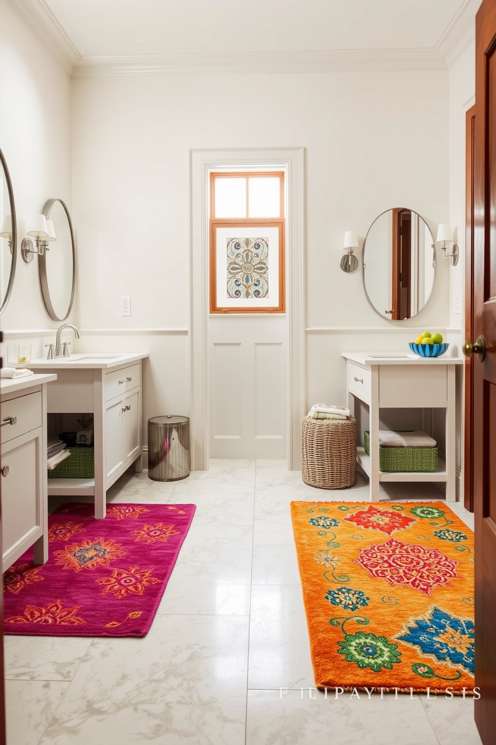 A vibrant Jack and Jill bathroom featuring colorful rugs that add warmth and texture to the space. The dual vanities are adorned with elegant fixtures, and the walls are painted in a soft neutral tone to complement the playful rugs.