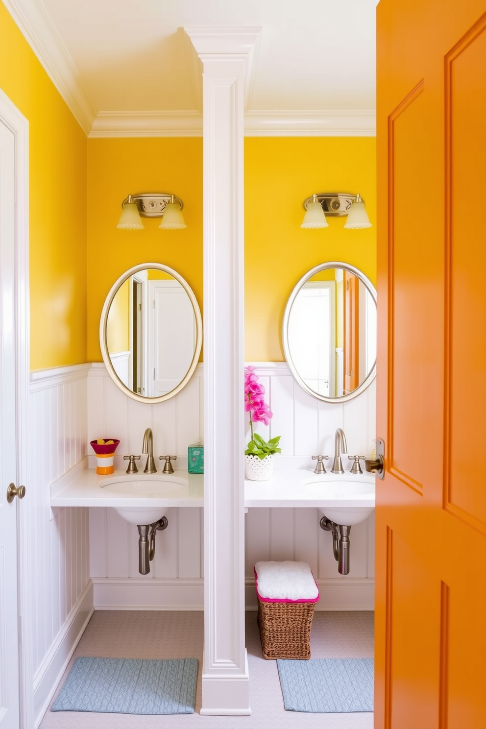 Bright color scheme for cheerful ambiance. The walls are painted in a vibrant yellow with white wainscoting, creating a lively atmosphere. Jack and Jill bathroom design ideas. There are two vanities with matching mirrors, separated by a stylish partition, and colorful accessories add a playful touch.