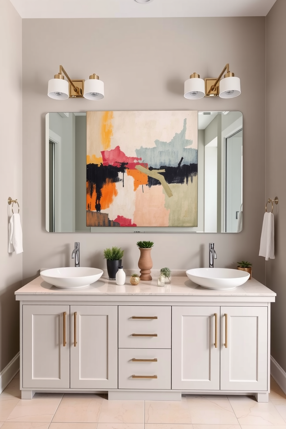 Artistic wall art to personalize space. A large canvas painting with abstract colors hangs above a sleek console table adorned with small sculptures and plants. Jack and Jill bathroom design ideas. Dual sinks are positioned between two separate vanities with elegant lighting fixtures above, creating a functional yet stylish shared space.