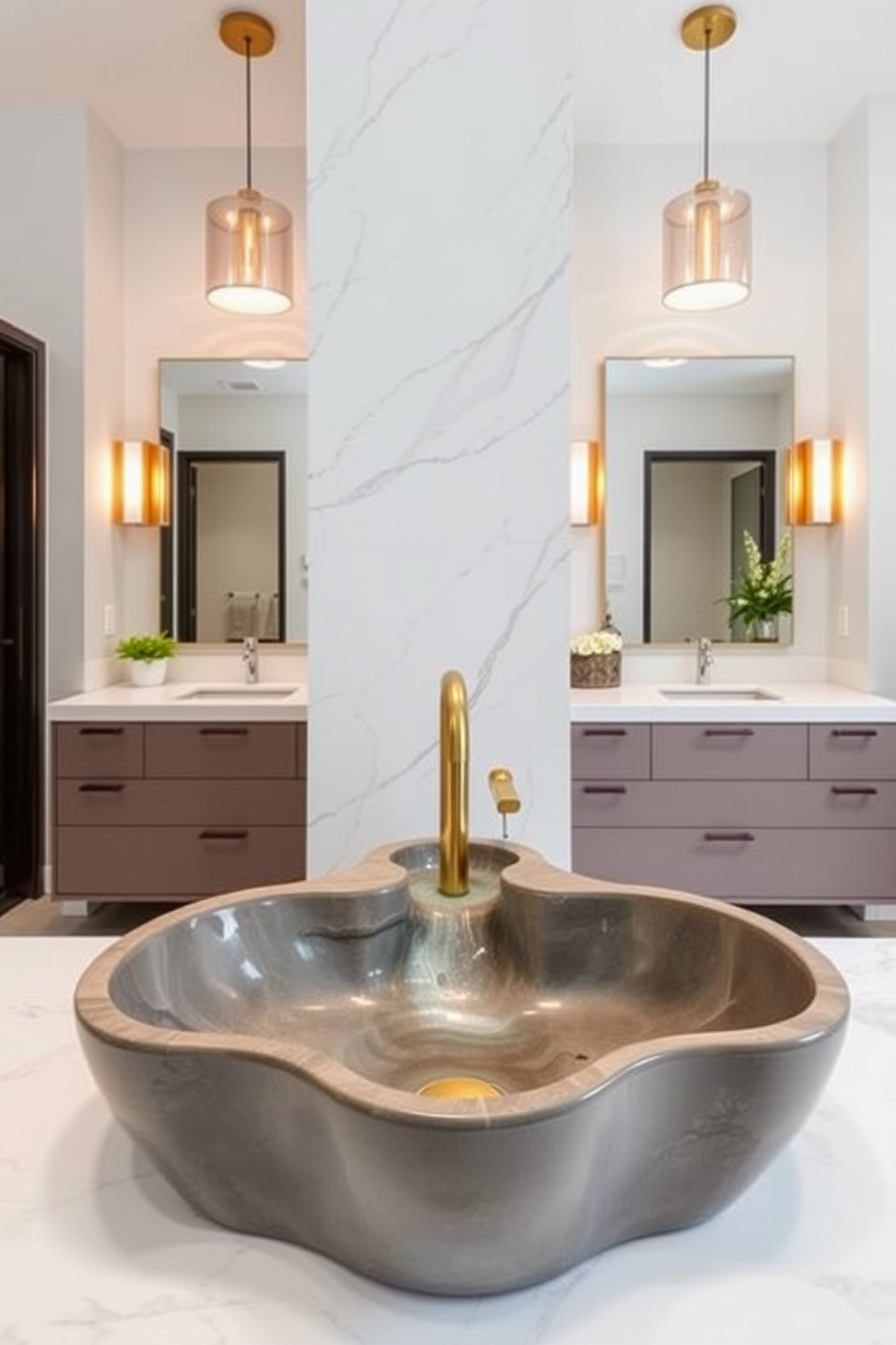 A Jack and Jill bathroom featuring vintage accents that create a timeless look. The space includes a shared double vanity with antique brass fixtures and a classic clawfoot bathtub surrounded by elegant wainscoting. The walls are painted in a soft cream color, complemented by intricate moldings and vintage-inspired wallpaper. A large, ornate mirror hangs above the vanity, reflecting the warm light from stylish sconces on either side.