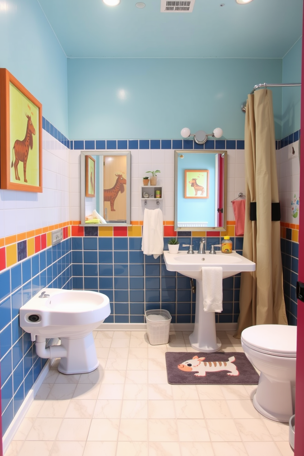 A playful Jack and Jill bathroom designed for children features lower-height fixtures to ensure accessibility for young users. Brightly colored tiles adorn the walls, and fun animal-themed decor adds a whimsical touch to the space. The double vanity includes two sinks at a child-friendly height, allowing siblings to use the bathroom simultaneously. Soft lighting and cheerful artwork create a welcoming atmosphere that encourages children to enjoy their bathroom routine.