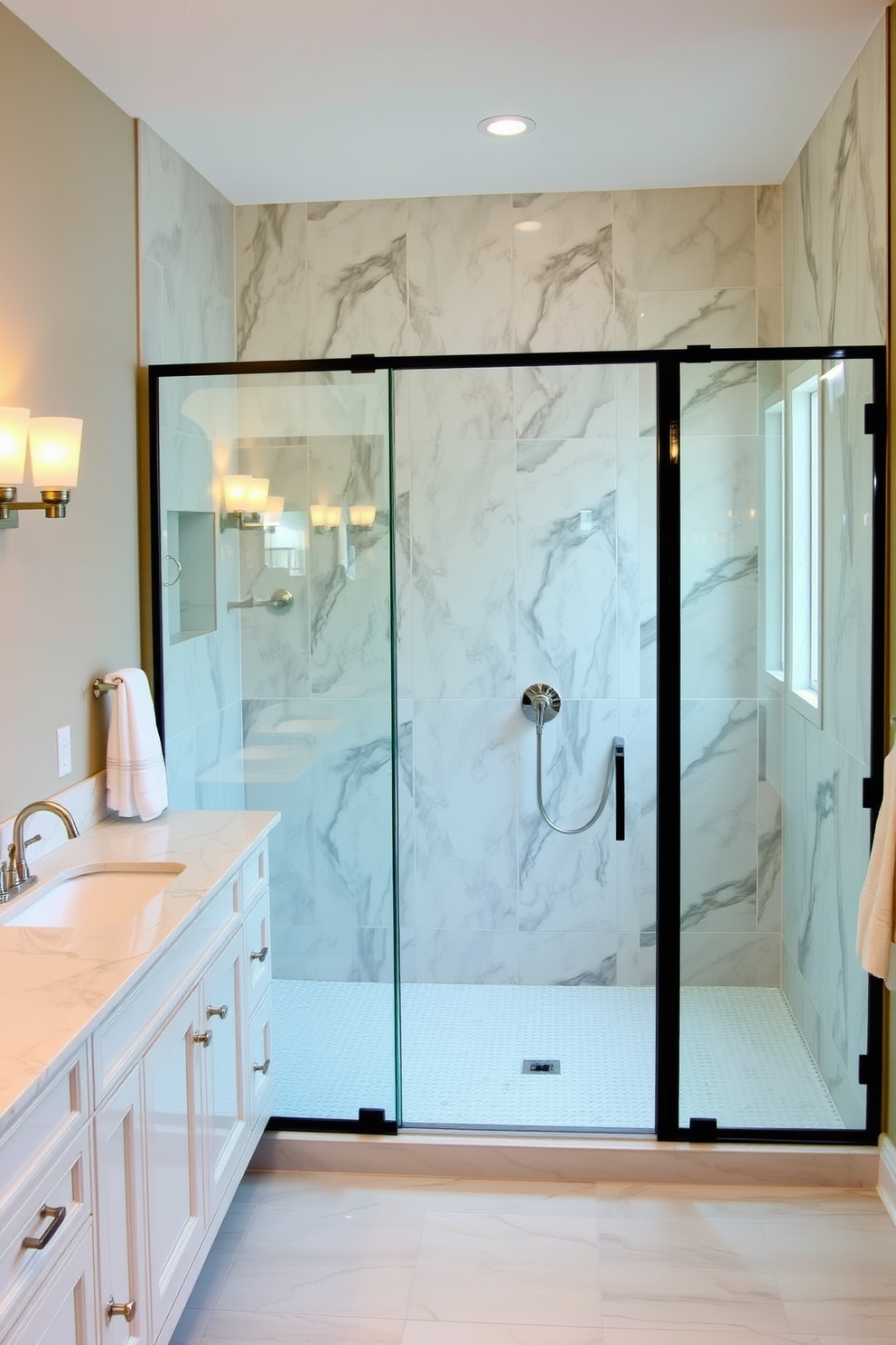 A spacious Jack and Jill bathroom features a glass shower enclosure that enhances the open feel of the space. The design includes dual vanities with elegant fixtures and ample storage, creating a functional yet stylish layout.