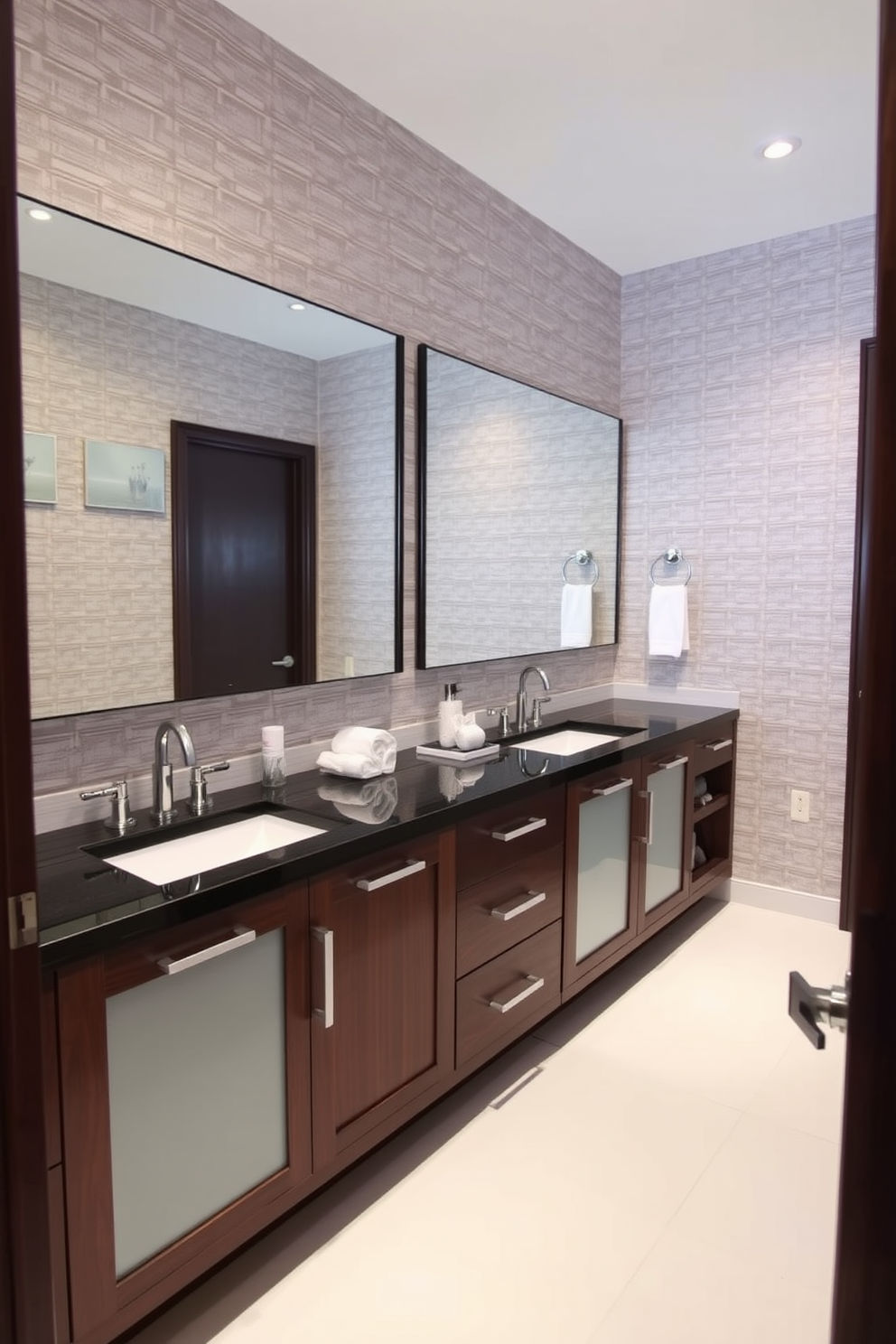 A Jack and Jill bathroom featuring dual vanities with contrasting finishes. One vanity has a sleek white countertop while the other showcases rich dark wood, creating a striking visual balance. The walls are adorned with a textured wallpaper that adds depth, complemented by polished chrome fixtures. A large shared mirror spans above both vanities, reflecting light and enhancing the spacious feel of the room.