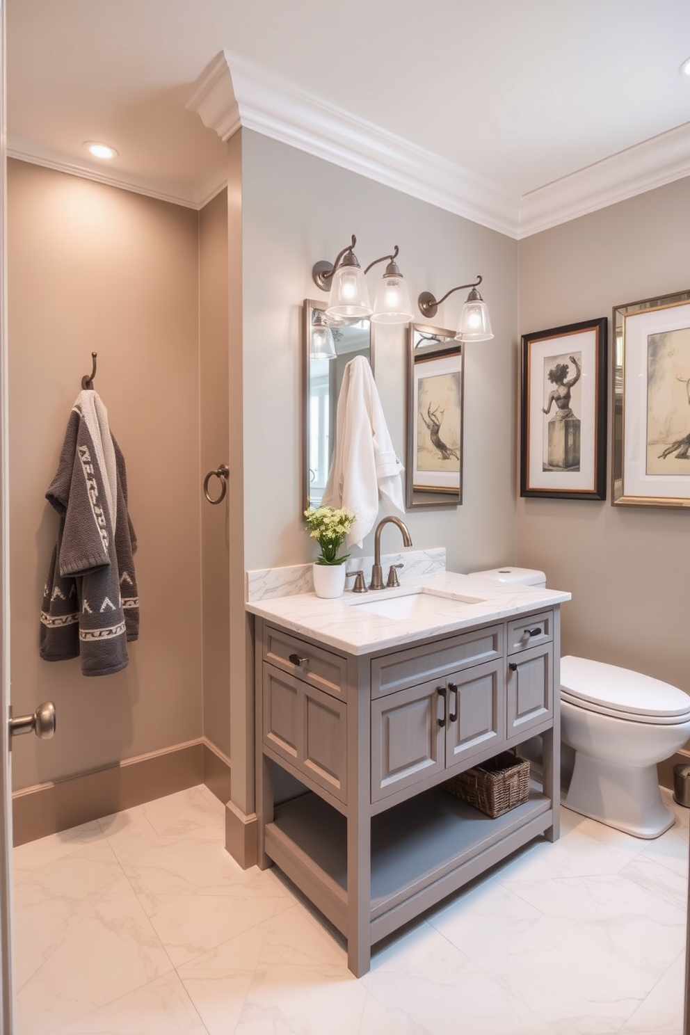 A whimsical Jack and Jill bathroom featuring playful art pieces that add a splash of color to the space. The design includes two separate vanities with vibrant, mismatched mirrors above each, surrounded by cheerful wall art that reflects a fun and lively atmosphere. The walls are painted in a soft pastel hue, creating a light and airy feel. Brightly colored towels and accessories complement the playful theme, while a unique light fixture adds a touch of charm and personality to the room.