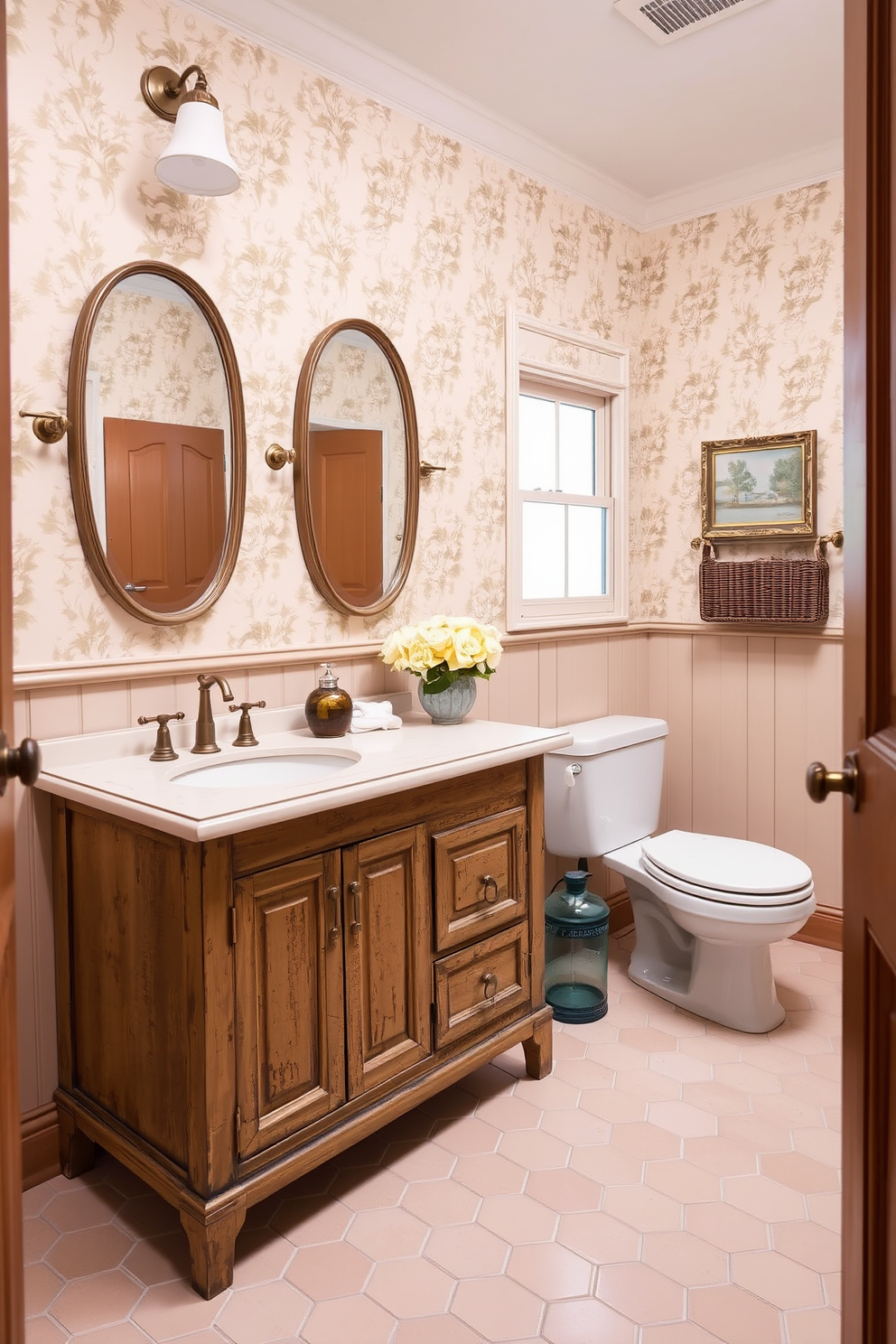 A charming Jack and Jill bathroom featuring vintage accents. The space includes a double sink vanity with a distressed wooden finish and antique brass fixtures. The walls are adorned with soft pastel wallpaper that adds a nostalgic feel. Classic hexagonal tiles in a muted color palette cover the floor, enhancing the vintage charm.