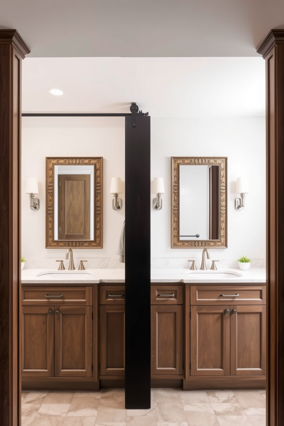 A sliding barn door adds a rustic charm while maximizing space in a Jack and Jill bathroom. The design features dual vanities with elegant mirrors and ample storage, creating a functional yet stylish environment.