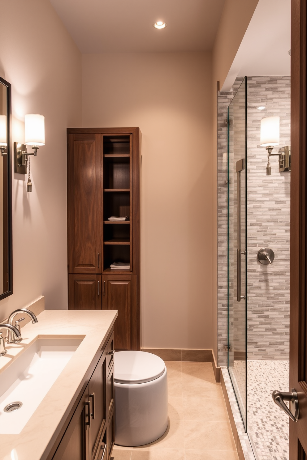 A stylish Jack and Jill bathroom featuring dual vanities with elegant fixtures and ample storage space. The layout includes separate zones for privacy, with frosted glass partitions and a shared shower area adorned with modern tile work. Warm neutral tones dominate the color palette, creating a serene atmosphere. Thoughtfully placed sconces provide soft lighting, enhancing the overall ambiance while ensuring convenience for both users.