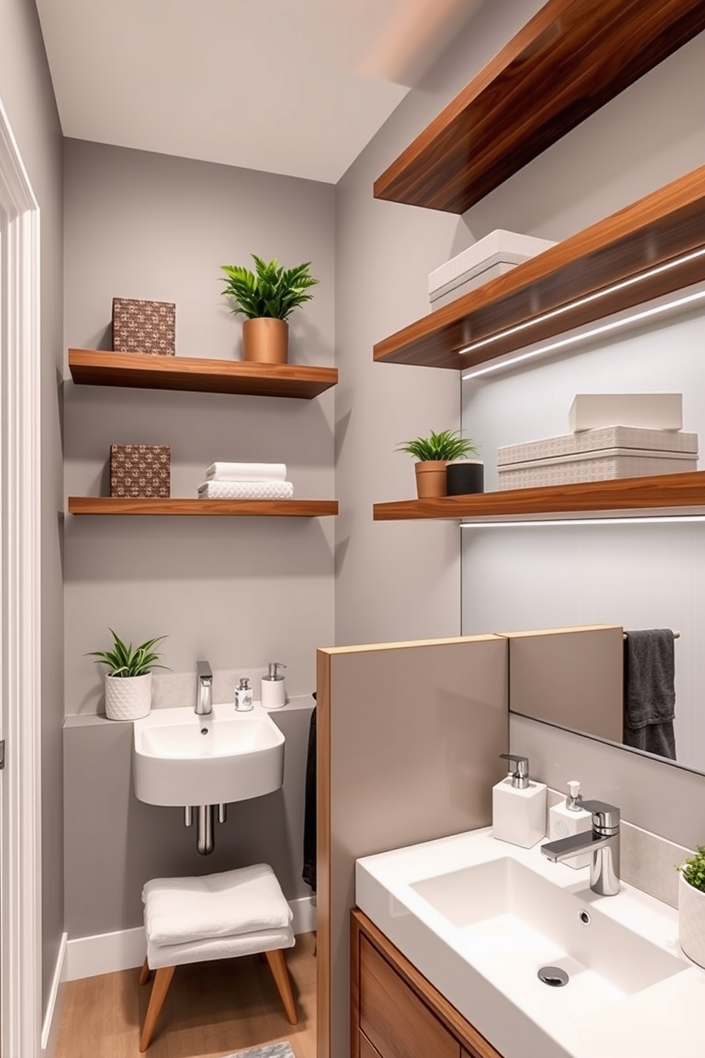 A Jack and Jill bathroom features wall-mounted shelves that provide easy access to essentials for both users. The design incorporates a shared double vanity with stylish lighting and a neutral color palette to create a cohesive and inviting space.