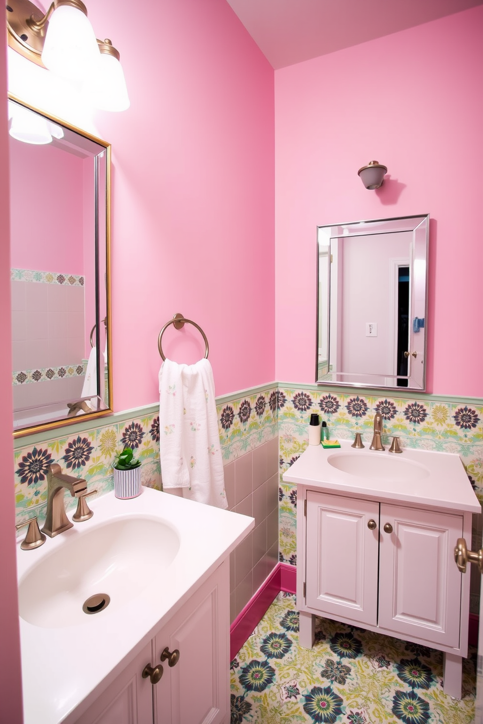 A vibrant Jack and Jill bathroom featuring fun patterned tiles that bring a playful touch to the space. The walls are painted in a soft pastel color, and there are two separate vanities with stylish mirrors above each one.