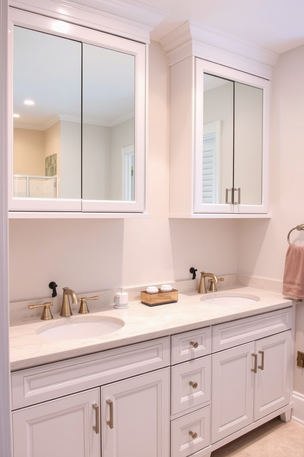 Mirrored cabinets enhance the functionality of a Jack and Jill bathroom, providing ample storage while reflecting light to create a spacious feel. The design features dual sinks with elegant faucets, surrounded by a stylish countertop, and the walls are adorned with soft, neutral tones to promote a calming atmosphere.