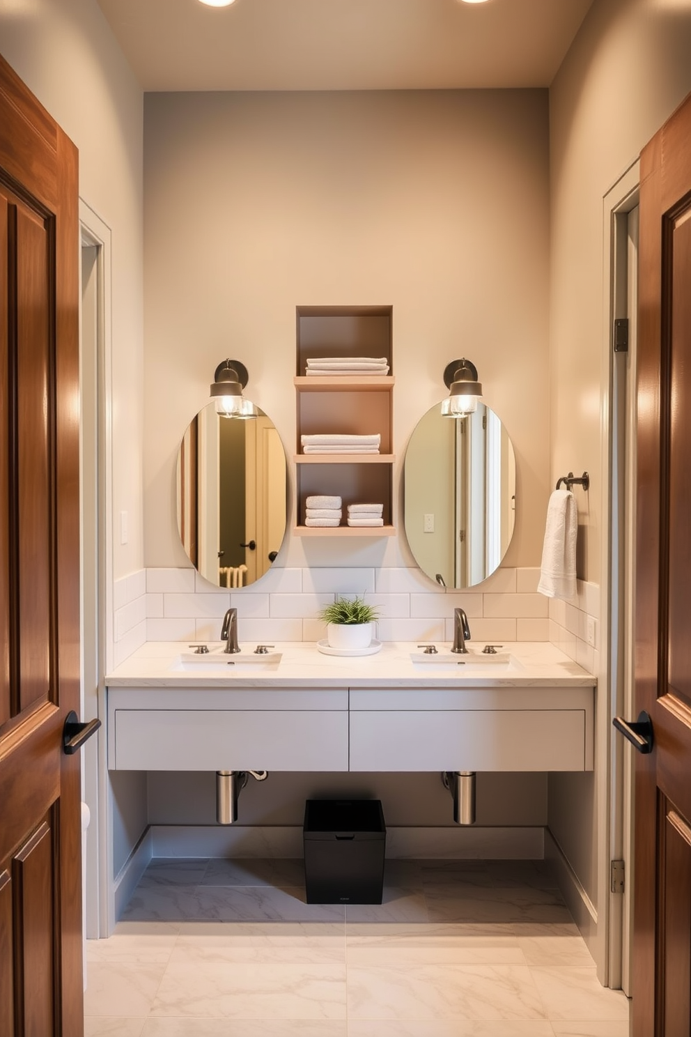 A Jack and Jill bathroom features two sinks positioned opposite each other with a shared central space. Coordinated towels in matching colors hang neatly from the sinks, creating a unified and harmonious look throughout the design.