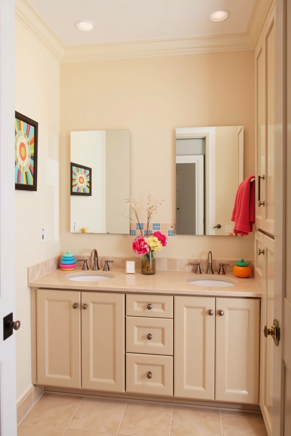 A Jack and Jill bathroom featuring neutral tones complemented by vibrant color accents. The space includes a shared vanity with dual sinks, framed by colorful artwork and decorative tiles that add a playful touch. Soft beige walls create a warm backdrop, while bright towels and accessories introduce lively hues. Ample storage is provided through stylish cabinets, ensuring a functional yet aesthetically pleasing design.