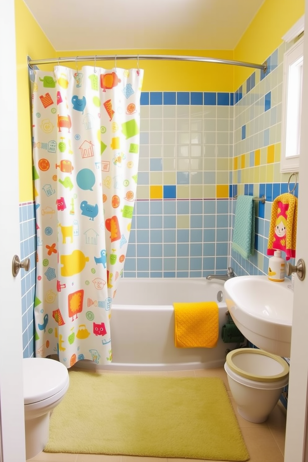 A playful kids bathroom featuring whimsical animal-themed wall decals that bring a sense of fun and imagination to the space. The walls are painted in a soft pastel color, creating a cheerful atmosphere complemented by colorful bath accessories.