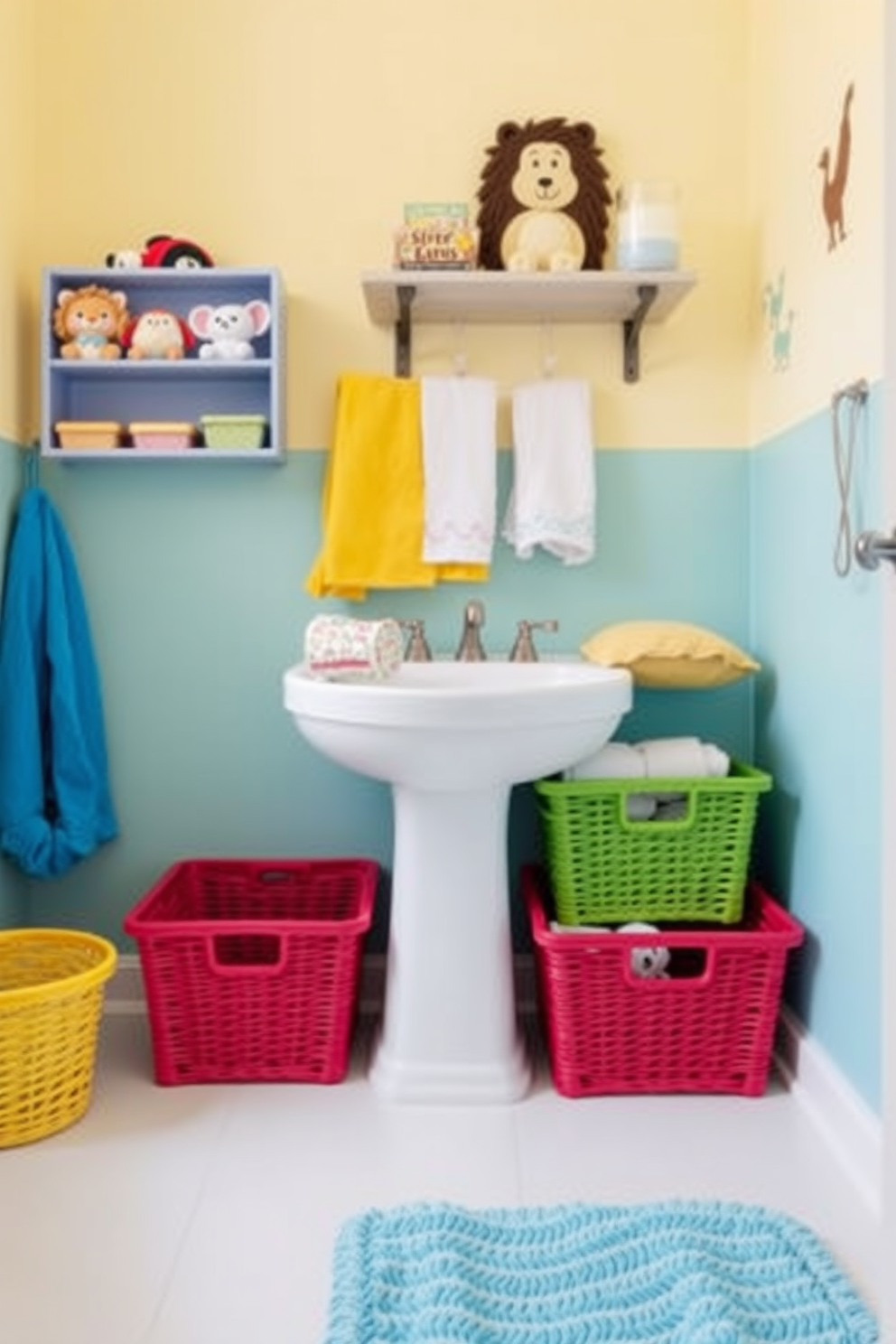 A charming kids bathroom featuring vintage style fixtures that create a classic look. The space includes a freestanding bathtub with elegant claw feet and a whimsical shower curtain adorned with playful patterns. Colorful wall decals of friendly animals add a fun touch, while the vanity is designed with a distressed finish and topped with a bright, cheerful countertop. Soft, fluffy rugs in vibrant hues provide comfort underfoot, making the bathroom both stylish and inviting for children.