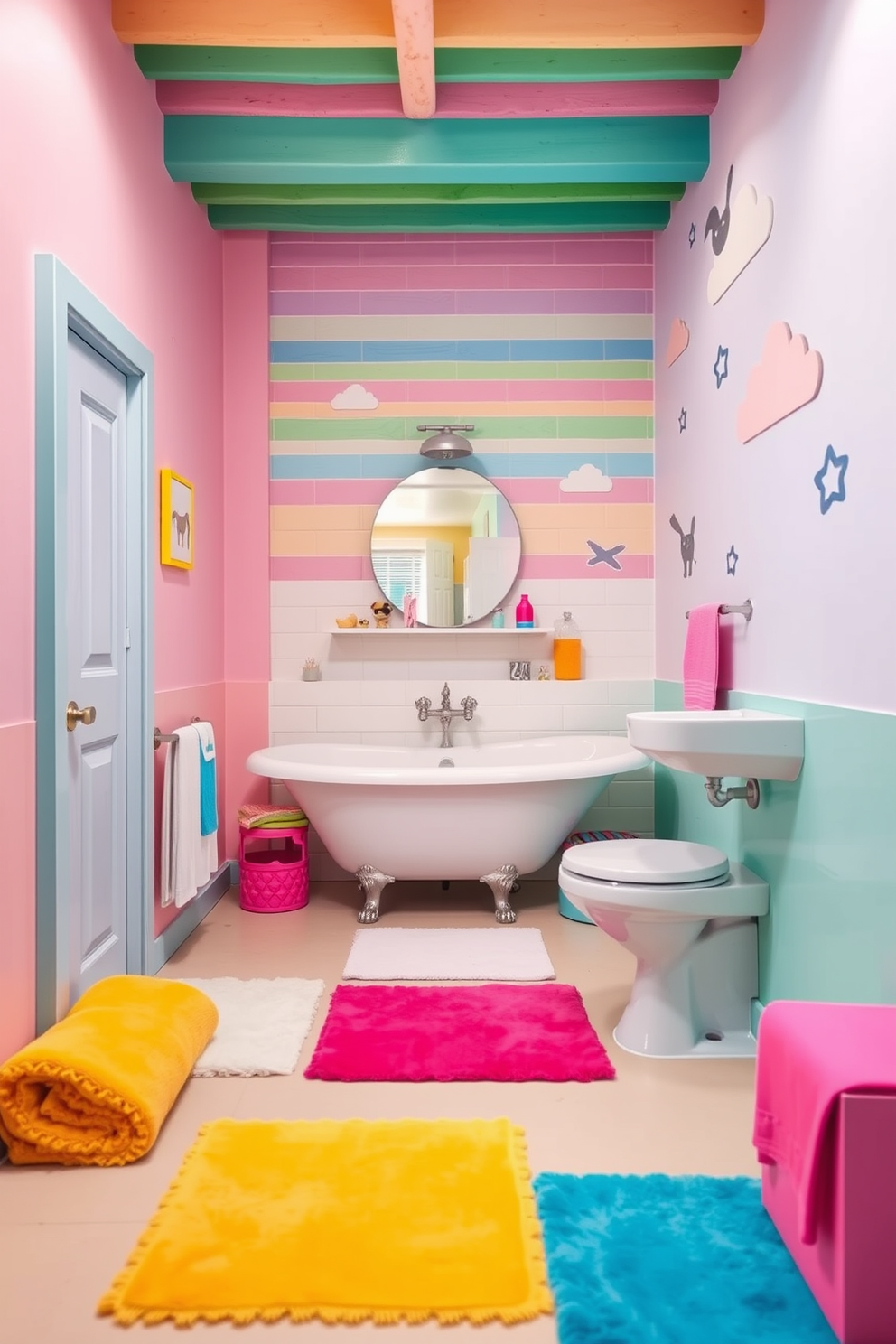 Brightly painted cabinets in vibrant colors create a cheerful and inviting atmosphere in the kids bathroom. The playful design features fun patterns and whimsical accessories that appeal to children's imaginations.