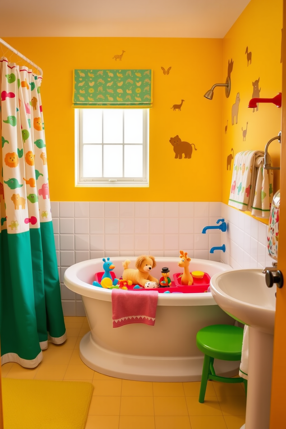 A vibrant kids bathroom featuring multi-colored faucets that add a playful touch. The walls are adorned with cheerful wallpaper depicting whimsical animals, and the floor is covered in colorful rubber tiles for safety and fun.