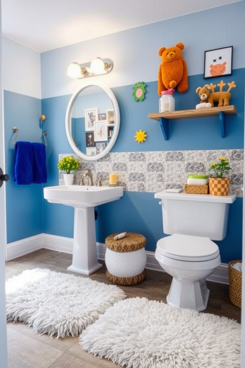 A kid-sized vanity designed for accessibility features a low countertop with rounded edges and a bright color scheme. Above the vanity, a playful mirror with fun shapes encourages creativity, while storage solutions are integrated for easy access to toiletries. The walls are adorned with cheerful wallpaper depicting whimsical animals, and the flooring is a soft, non-slip material for safety. Fun accessories like colorful towels and a step stool complete the inviting and functional space.