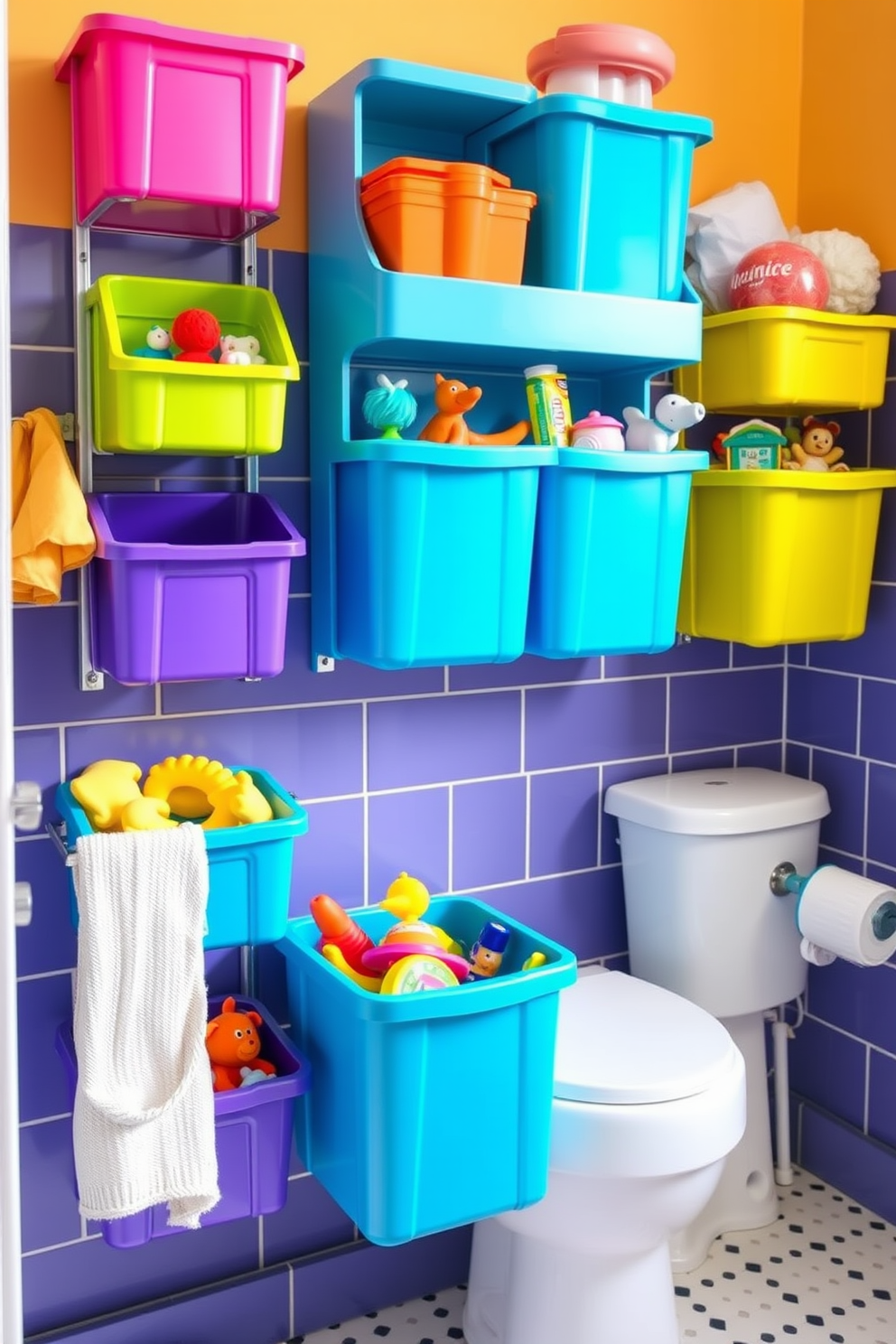 A cheerful and functional kids bathroom designed for independence features a playful color palette with bright accents. The focal point is a low, accessible sink with a step stool beside it, allowing children to reach the faucet easily. The walls are adorned with fun, whimsical patterns and illustrations that spark imagination. Storage solutions include colorful bins and shelves at kid-friendly heights to encourage organization and independence.