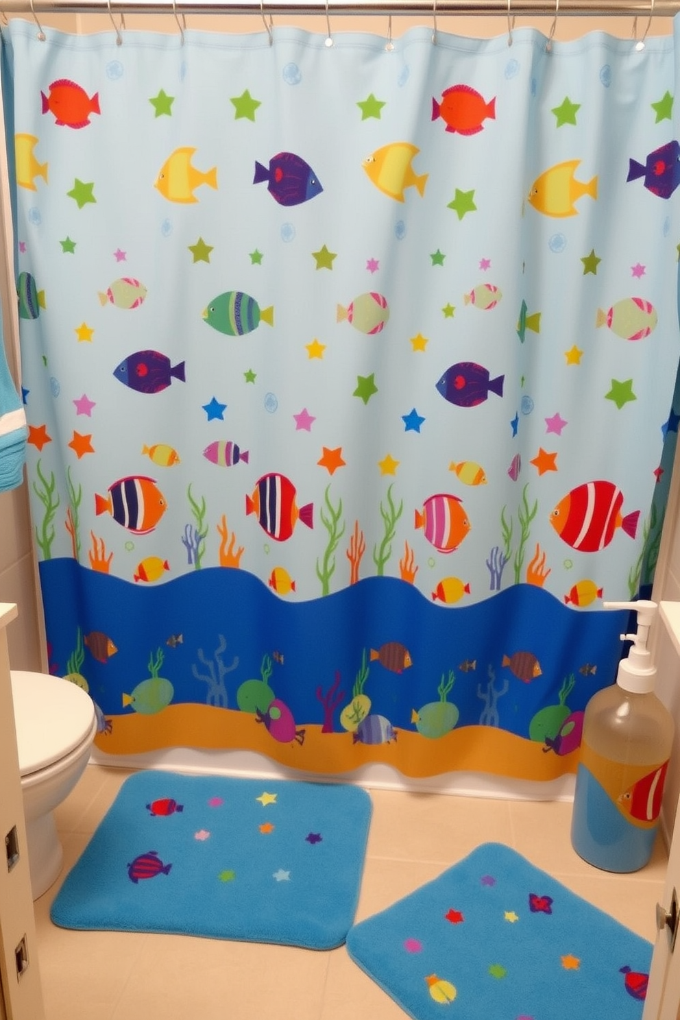 A playful kids bathroom featuring fun mirrors in unique shapes such as stars and clouds. The walls are painted in bright colors like yellow and aqua, and the floor is adorned with colorful rubber mats. Vibrant shower curtains with cartoon characters add a whimsical touch to the space. Storage solutions include a colorful cabinet filled with toys and bath essentials, creating an organized and cheerful environment.